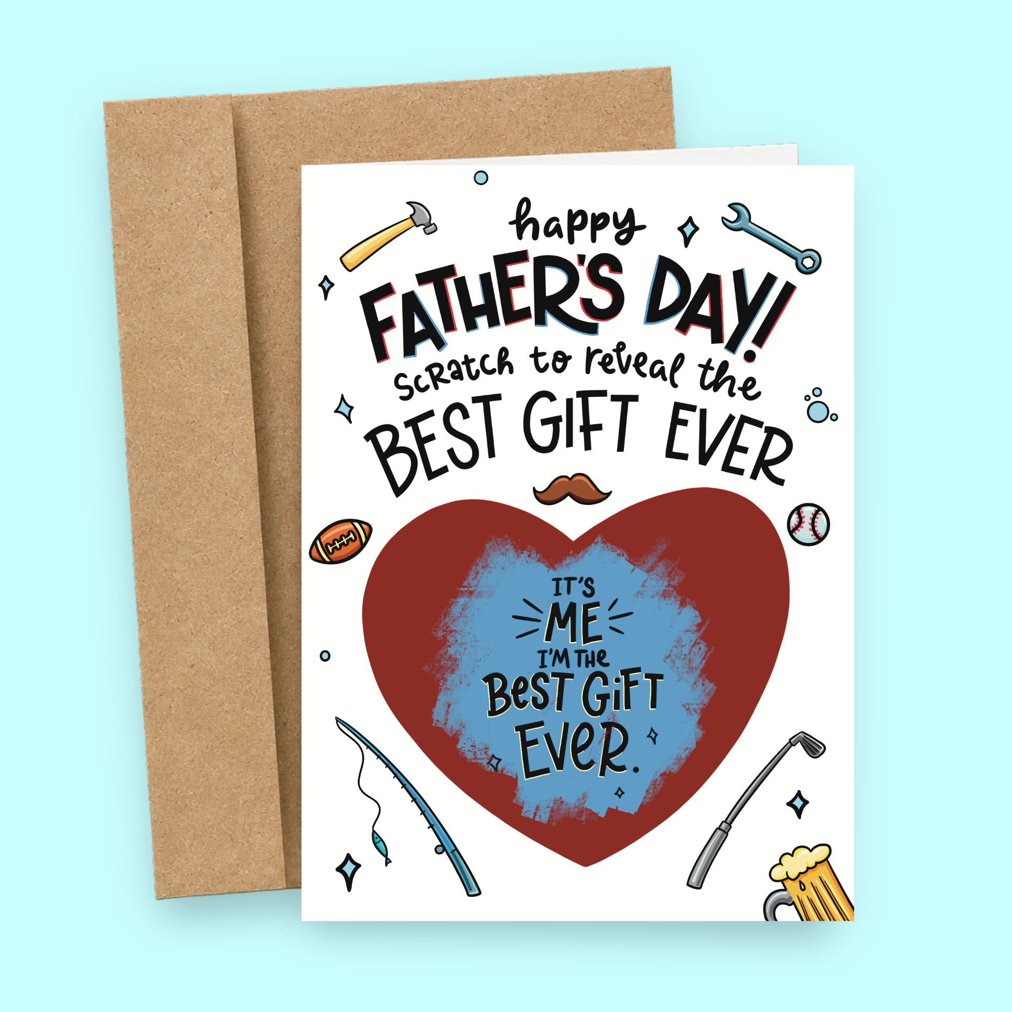 Sleazy Greetings funny Father’s Day scratch-off card featuring “Scratch to reveal the best gift ever” humor with dad-themed icons and hidden “It’s me, I’m the best gift ever” message on premium matte cardstock with kraft envelope.