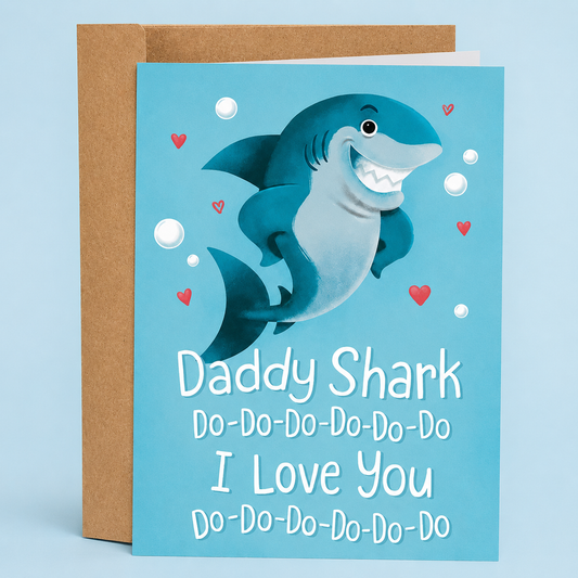 Sleazy Greetings funny Father’s Day card featuring “Daddy Shark Do-Do-Do-Do-Do I Love You” humor with cute cartoon shark illustration, bubbles, and heart accents on premium matte cardstock with kraft envelope.