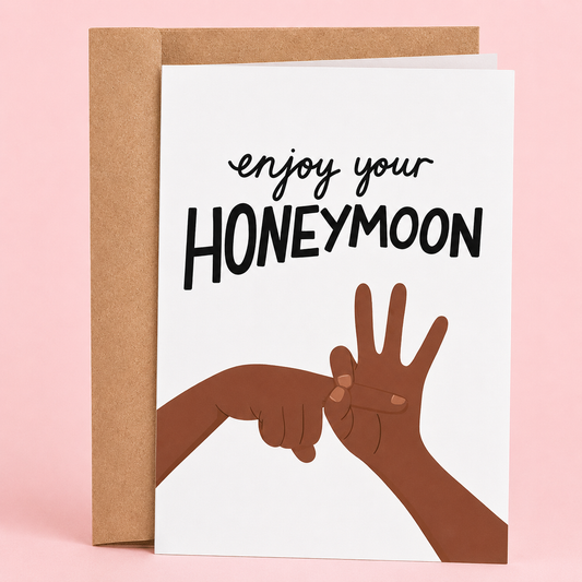 Sleazy Greetings funny honeymoon card featuring playful “Enjoy Your Honeymoon” adult humor with hand gesture illustration on premium matte cardstock with kraft envelope.