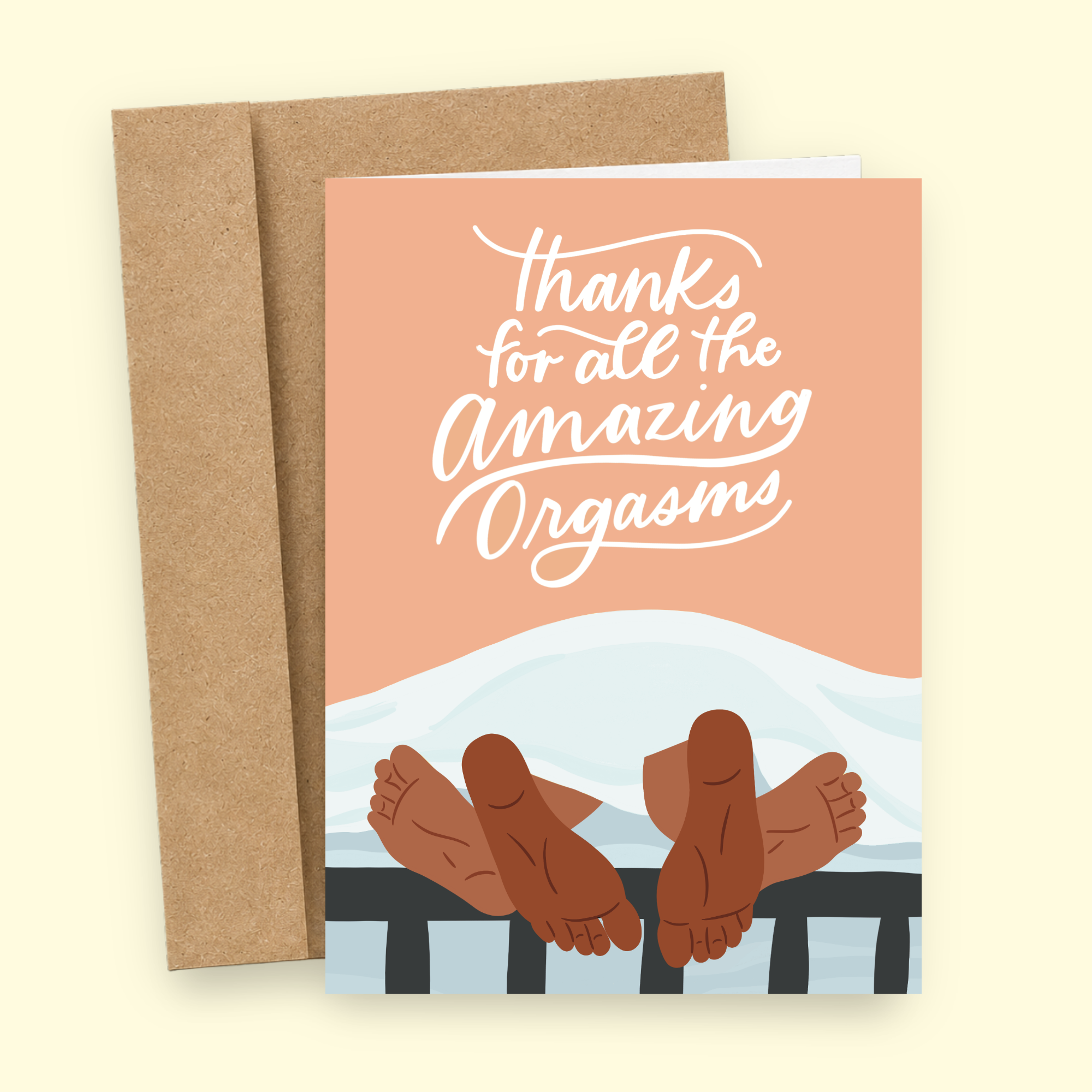 Sleazy Greetings funny anniversary or Valentine’s Day card featuring “Thanks for all the amazing orgasms” humor with playful feet-in-bed illustration on premium matte cardstock with kraft envelope.