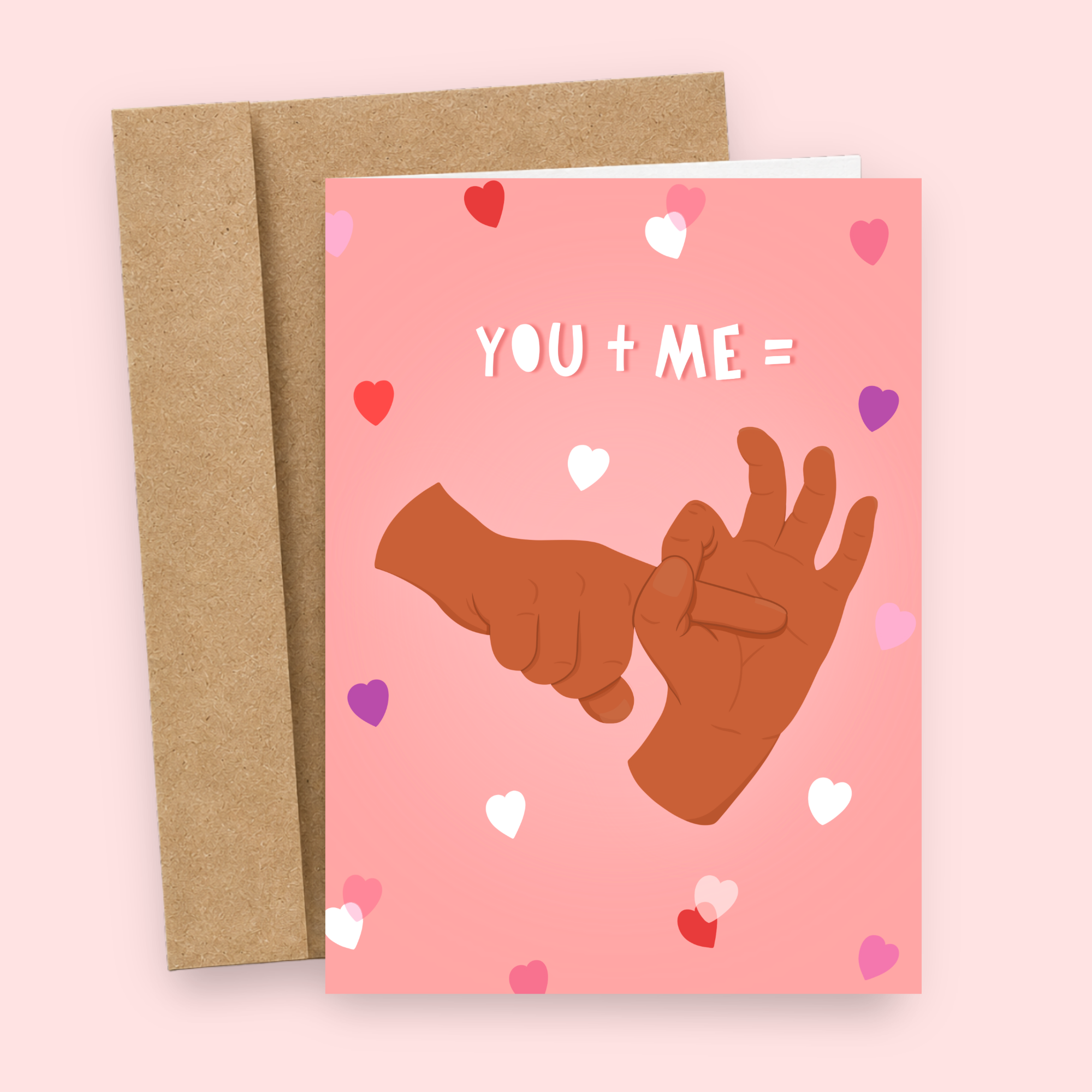Sleazy Greetings funny love card featuring playful “You + Me =” hand gesture adult humor with pink hearts illustration on premium matte cardstock with kraft envelope.