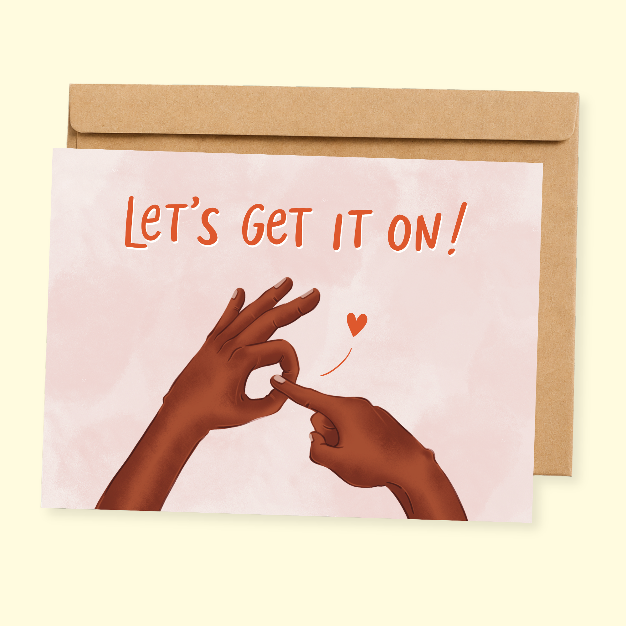 Sleazy Greetings funny love or anniversary card featuring “Let’s Get It On!” humor with playful hand gesture illustration and romantic heart design on premium matte cardstock with kraft envelope.