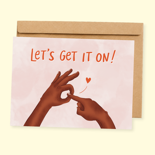 Sleazy Greetings funny love or anniversary card featuring “Let’s Get It On!” humor with playful hand gesture illustration and romantic heart design on premium matte cardstock with kraft envelope.