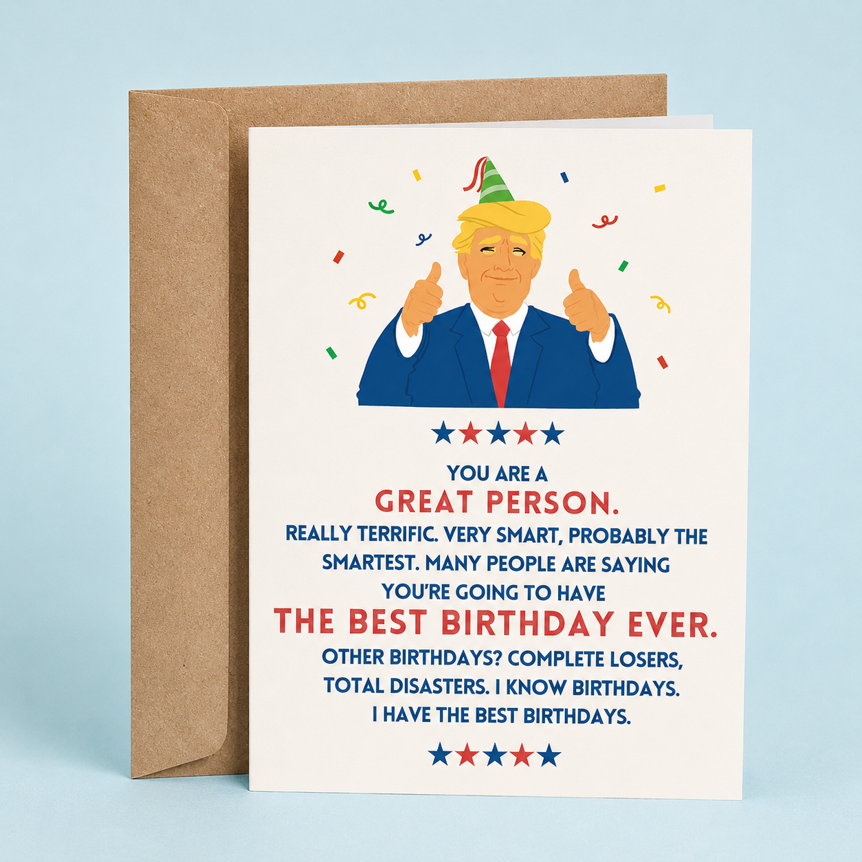 Sleazy Greetings funny political birthday card featuring parody-style “Best Birthday Ever” humor with illustrated Donald Trump birthday design on premium matte cardstock with kraft envelope.