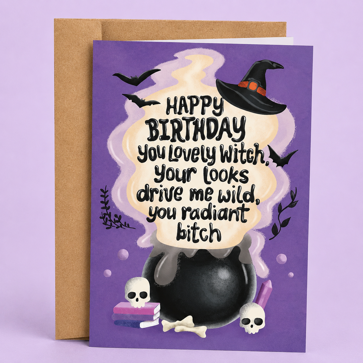 Sleazy Greetings funny Halloween birthday card featuring “Happy Birthday you lovely witch, your looks drive me wild, you radiant bitch” humor with witch cauldron, bats, and spooky illustration on premium matte cardstock with kraft envelope.