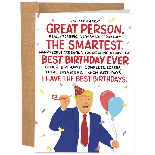 Funny Birthday Card with Trump Holding Balloons and Wearing a Party Hat for Friends