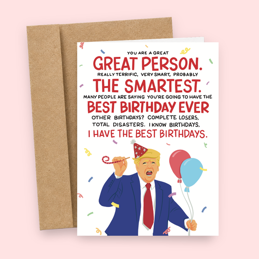 Funny Birthday Card with Trump Holding Balloons and Wearing a Party Hat for Friends