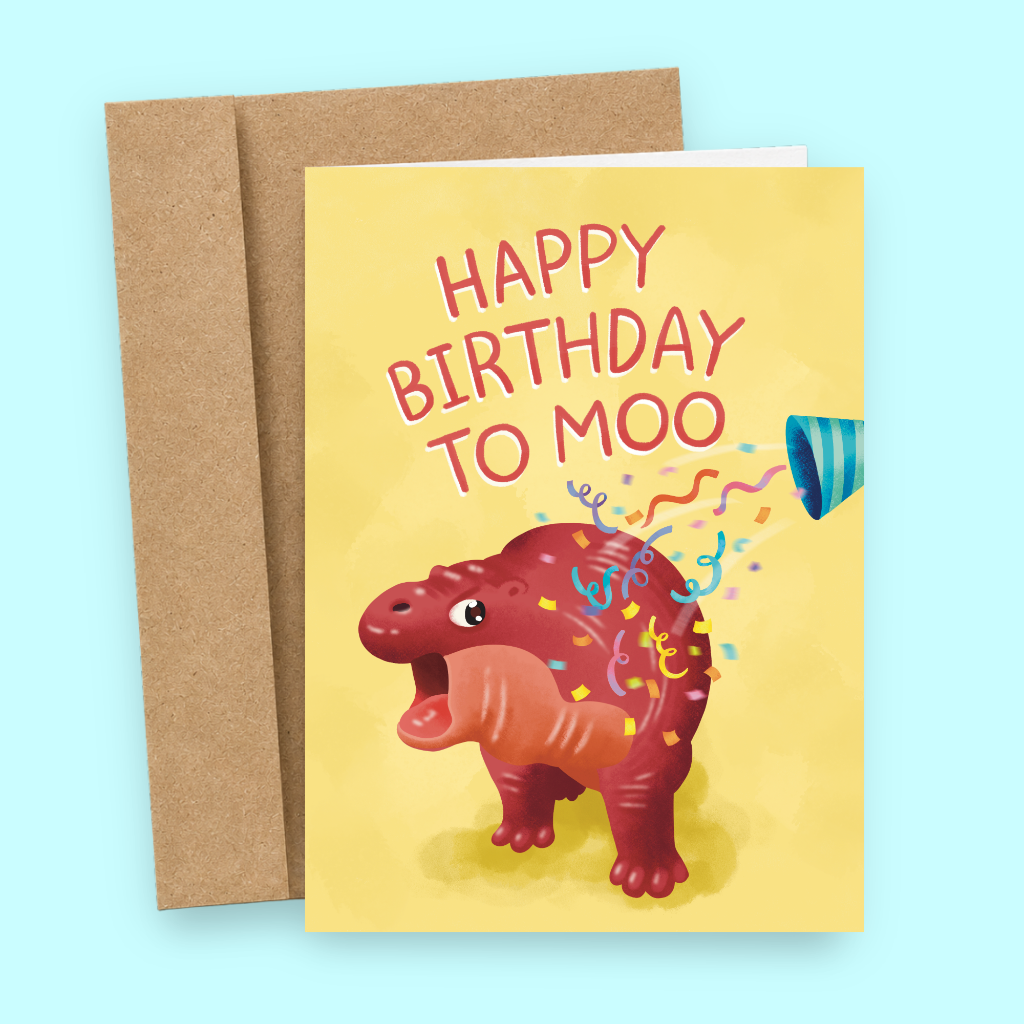 Sleazy Greetings funny birthday card featuring “Happy Birthday To Moo” humor with cute dinosaur and confetti illustration on premium matte cardstock with kraft envelope.
