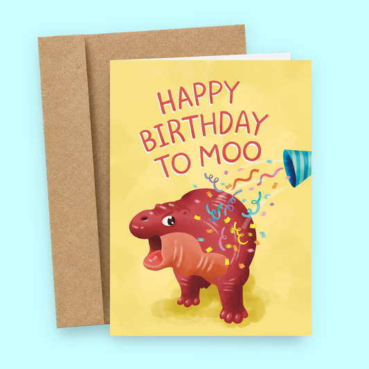 Sleazy Greetings funny birthday card featuring “Happy Birthday To Moo” humor with cute dinosaur and confetti illustration on premium matte cardstock with kraft envelope.