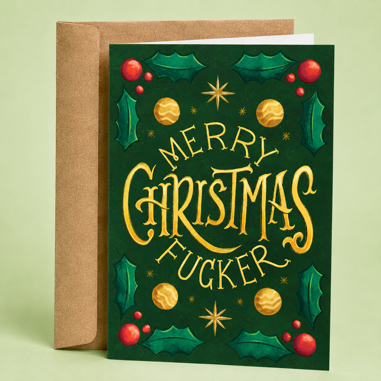 Sleazy Greetings funny adult Christmas card featuring “Merry Christmas Fucker” humor with elegant festive typography, holly, and ornament illustration on premium matte cardstock with kraft envelope.