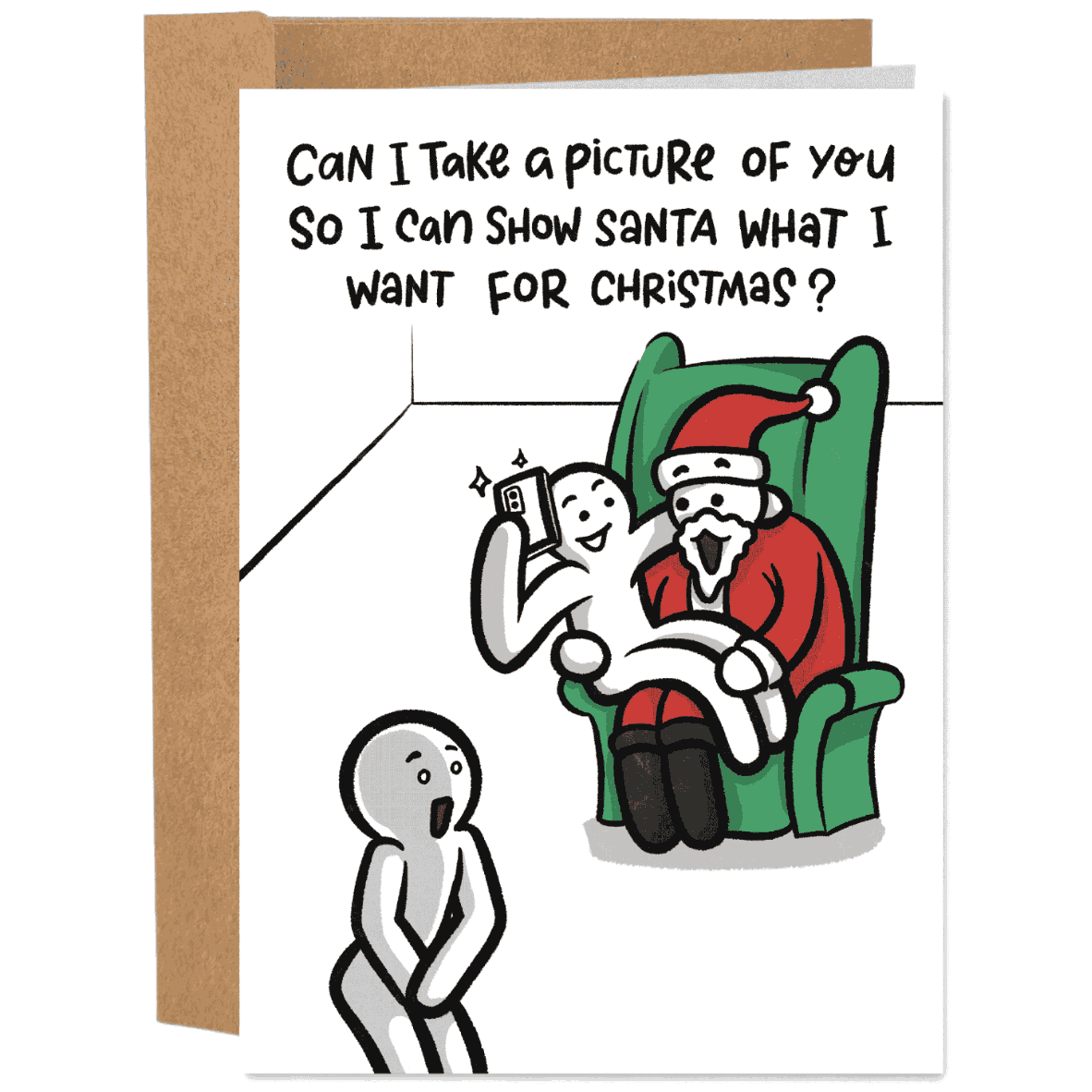 text saying can I take a picture of you so I can show Santa what I want for Christmas? Person on Santa's lap with a phone showing it to him