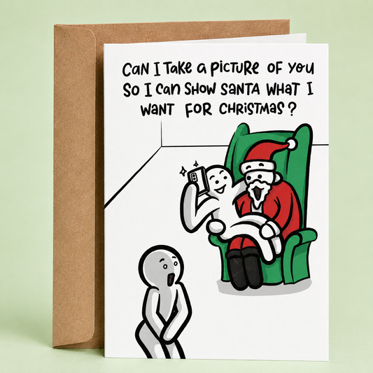 text saying can I take a picture of you so I can show Santa what I want for Christmas? Person on Santa's lap with a phone showing it to him
