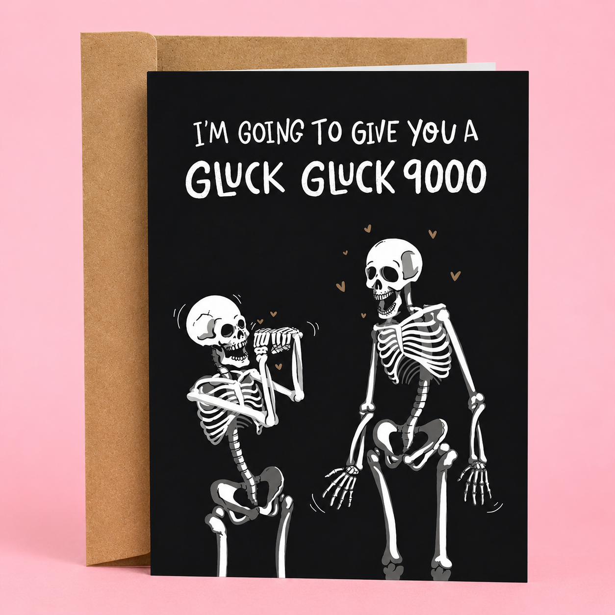 skeleton hand gesturing an oral intercourse for the other skeleton. text above saying I'm going to give you a gluck gluck 9000