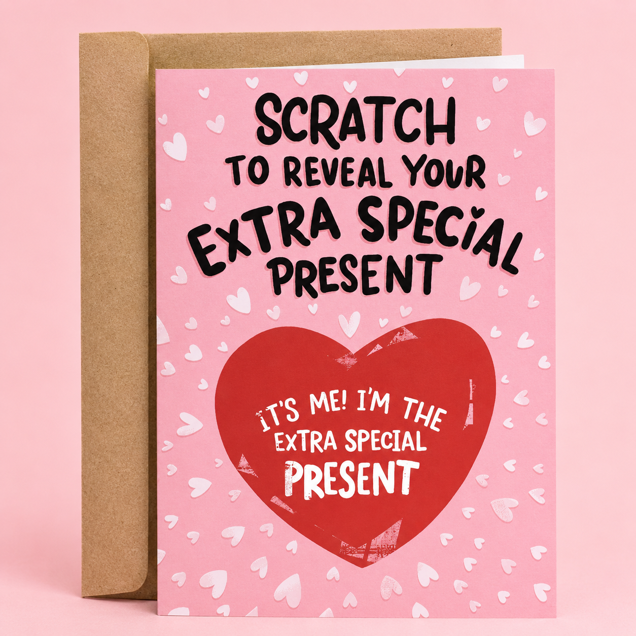 Sleazy Greetings funny Valentine’s Day scratch-off card featuring “Scratch to Reveal Your Extra Special Present” humor with interactive heart reveal design on premium matte cardstock and kraft envelope.
