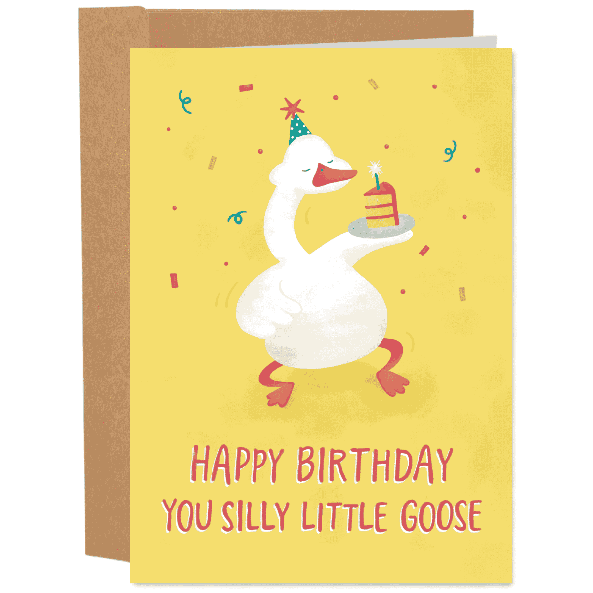 goose holding a cake with a text below saying happy birthday you silly little goose