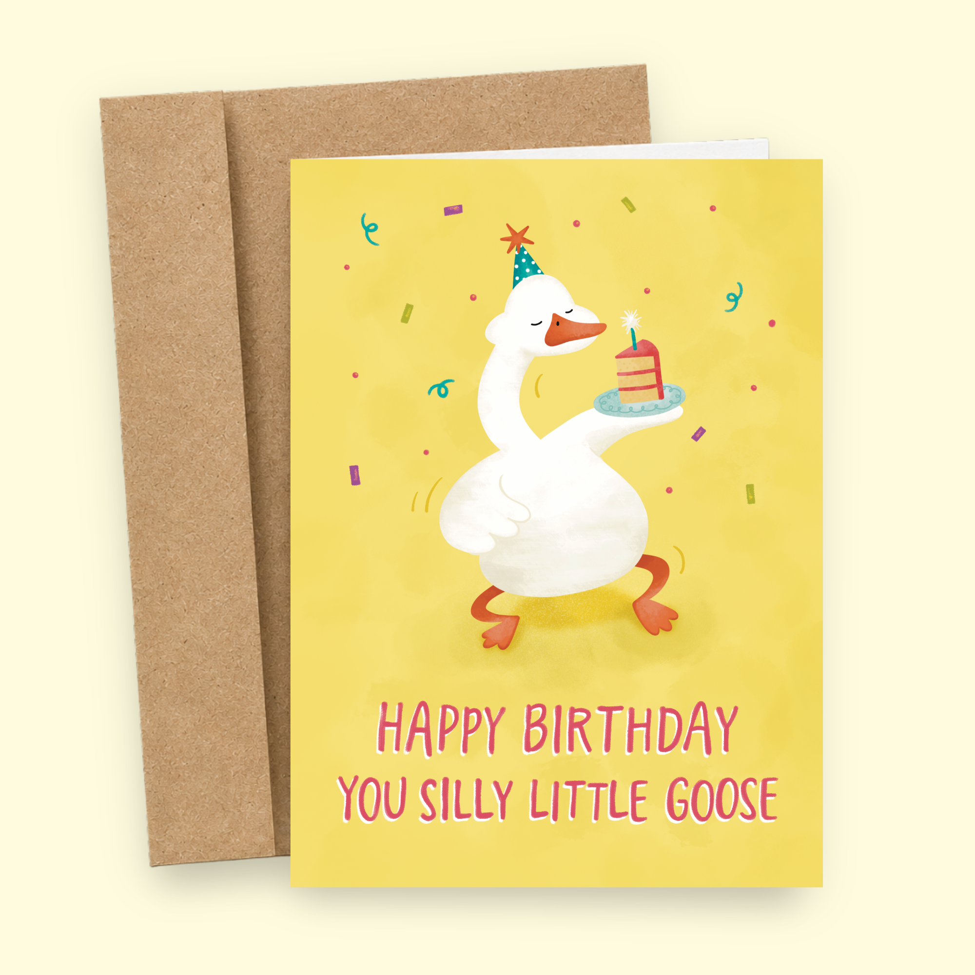 goose holding a cake with a text below saying happy birthday you silly little goose
