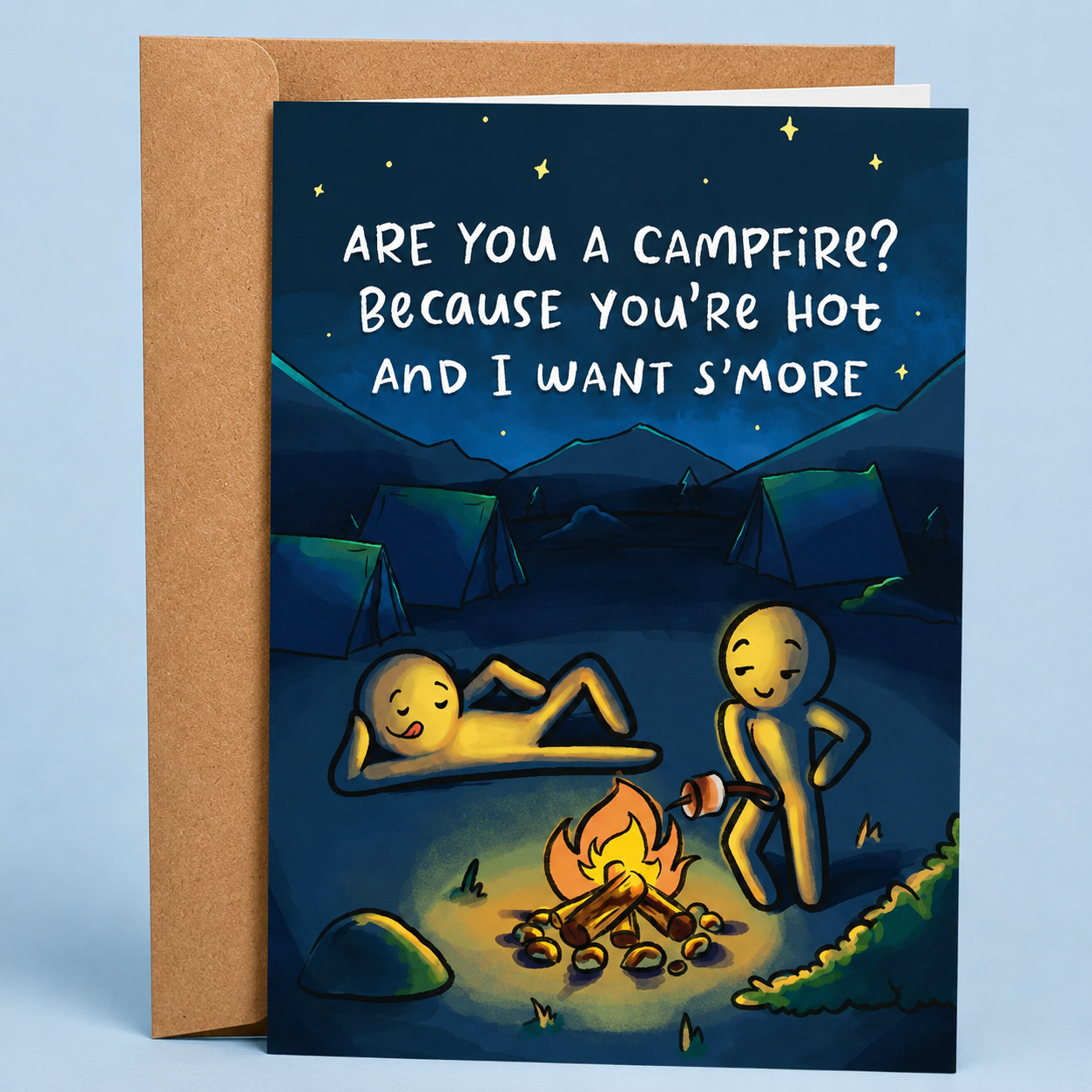 Sleazy Greetings funny camping love card featuring “Are you a campfire? Because you’re hot and I want s’more” humor with cute campsite illustration on premium matte cardstock with kraft envelope.