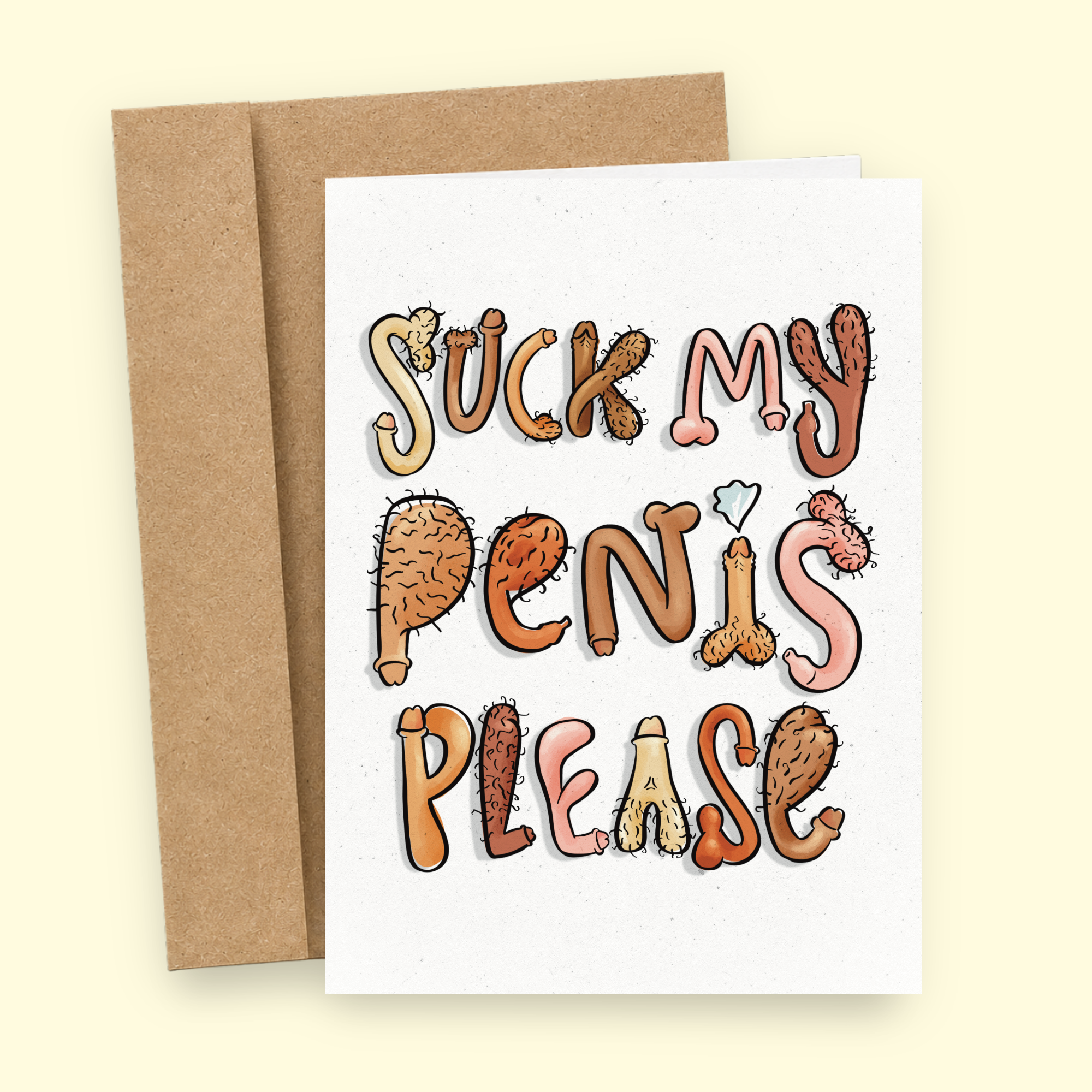 Sleazy Greetings funny adult Valentine’s Day card featuring “Suck My Penis Please” humor with playful illustrated penis lettering on premium matte cardstock with kraft envelope.