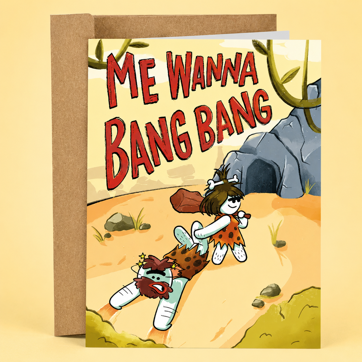 Funny inappropriate Valentine’s Day card featuring caveman-inspired rag dolls and the phrase “Me Wanna Bang Bang.” Crude adult humor love card with chaotic prehistoric romance vibes, silly caveman energy, and playful double-entendre humor printed on premium matte cardstock with a matching kraft envelope.