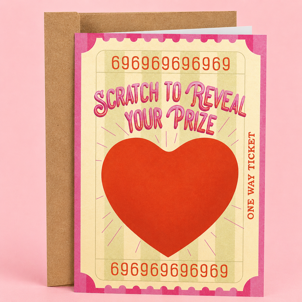Funny interactive Valentine’s Day scratch-off card featuring a retro-style prize ticket design and the phrase “Scratch To Reveal Your Prize.” Flirty adult humor love card with playful lottery-ticket aesthetics, chaotic romantic energy, and sexy surprise vibes printed on premium matte cardstock with a matching kraft envelope.