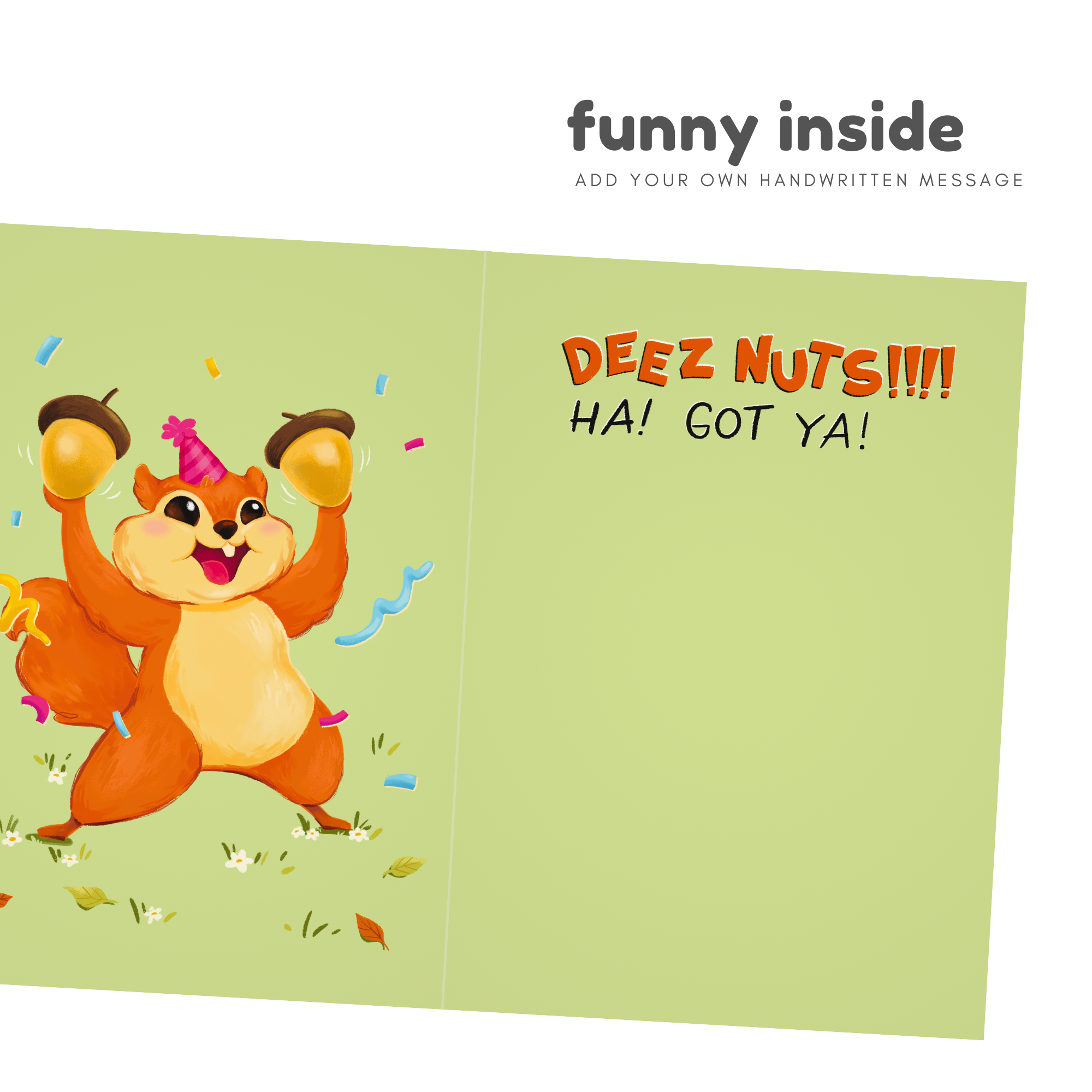 funny birthday card saying i got you something for you birthday with squirrel on top of the gift holding a blue balloon