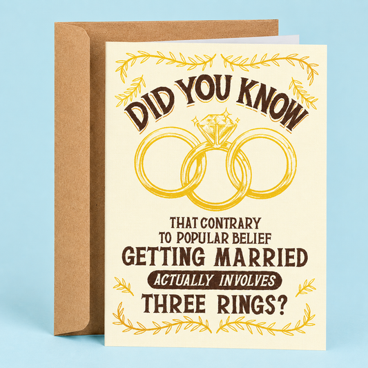 Sleazy Greetings funny anniversary card featuring vintage-inspired wedding ring artwork and the phrase ‘Did You Know That Contrary to Popular Belief Getting Married Actually Involves Three Rings?’ Retro marriage-humor card with playful typography, chaotic spouse energy, and classic boomer-gremlin vibes.