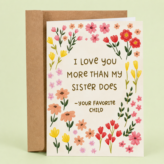 funny mother's day card saying that I love you more than my sister does from your favorite child