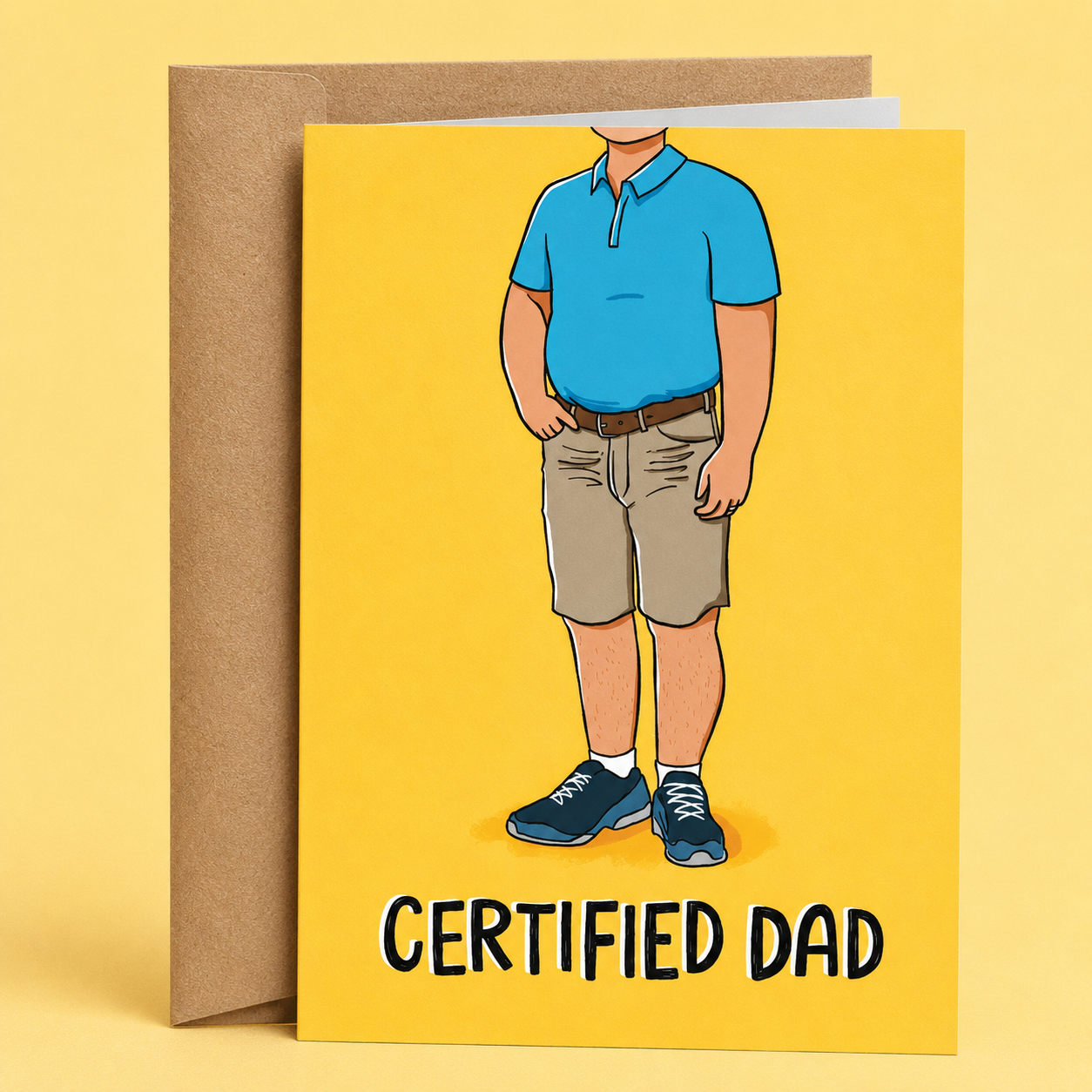 Sleazy Greetings funny Father’s Day card featuring the universal suburban dad outfit labeled ‘Certified Dad.’ Chaotic dad-core greeting card with classic cargo-short energy, playful illustrated humor, and aggressively grill-master gremlin vibes.