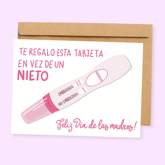 A humorous Mother's Day card with text in Spanish, featuring a pregnancy test graphic, and a blank interior for a personal message.