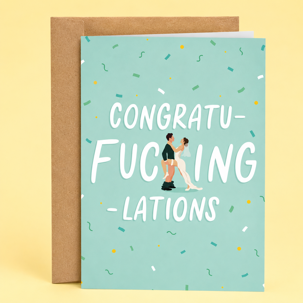 Sleazy Greetings funny wedding card featuring a bride and groom caught in a compromising position beside the phrase ‘Congratu-Fucking-Lations.’ Cheeky adult humor congratulations card with minimalist pastel design, playful newlywed comedy, and chaotic romantic energy.