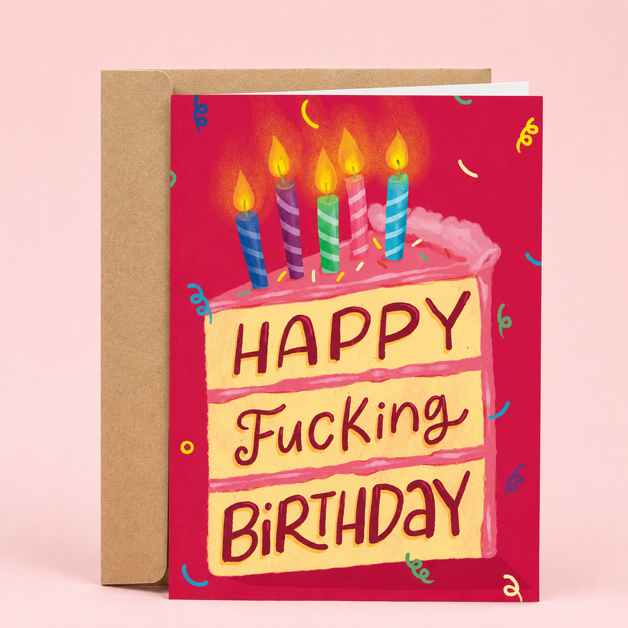 Sleazy Greetings funny birthday card featuring a colorful frosted cake beside the phrase ‘Happy Fucking Birthday.’ Bold sarcastic greeting card with playful party artwork, vibrant confetti accents, and unapologetically chaotic birthday energy.