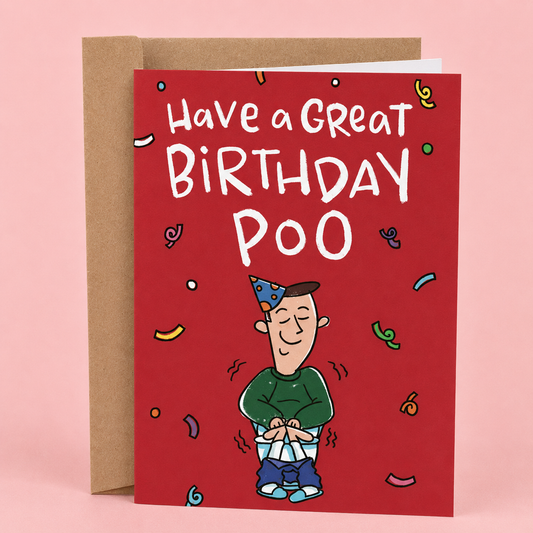 Birthday card with cartoon character and humorous text on a red background
