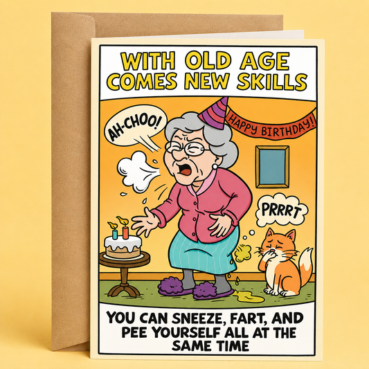 Birthday card with cartoon of an elderly woman and a cat, featuring humorous text.