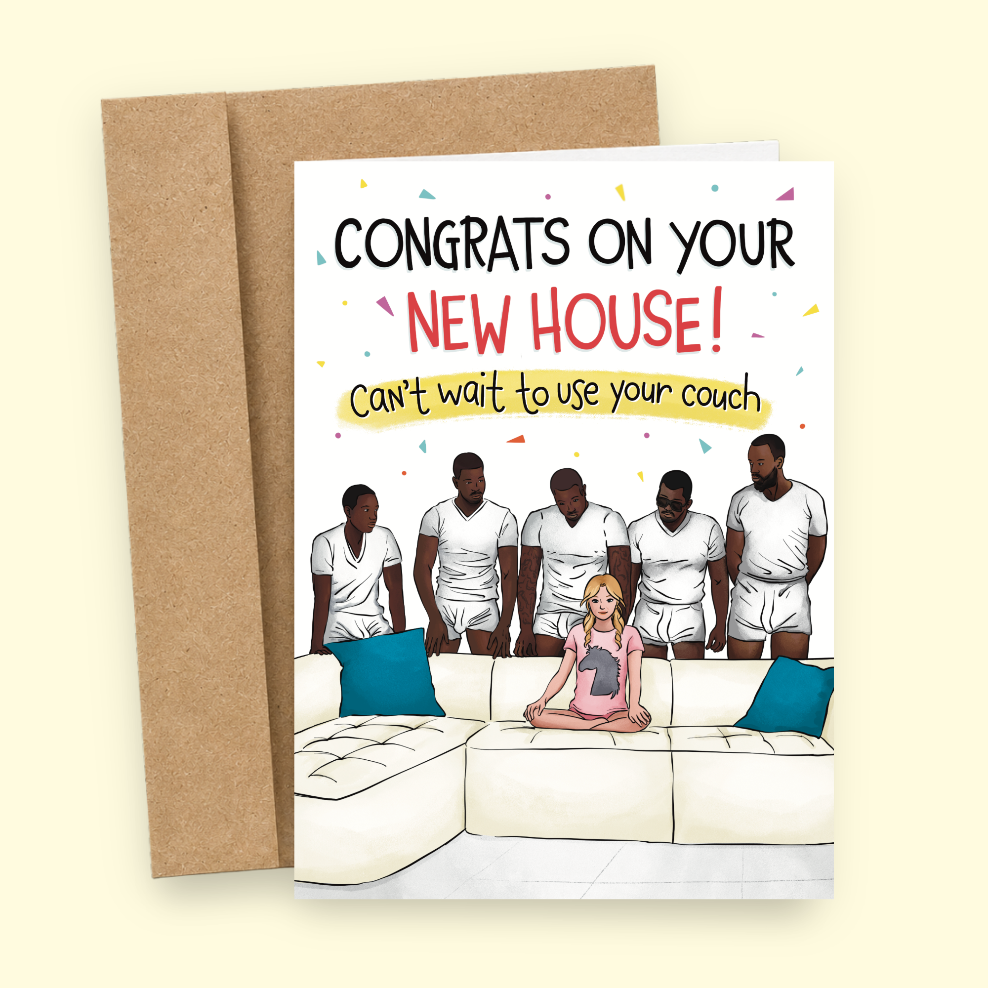 Sleazy Greetings funny new home card featuring a wildly inappropriate couch joke with the phrase ‘Congrats on Your New House! Can’t Wait to Use Your Couch.’ Absurd adult humor greeting card with chaotic party energy, awkward comedy vibes, and bold meme-style artwork.