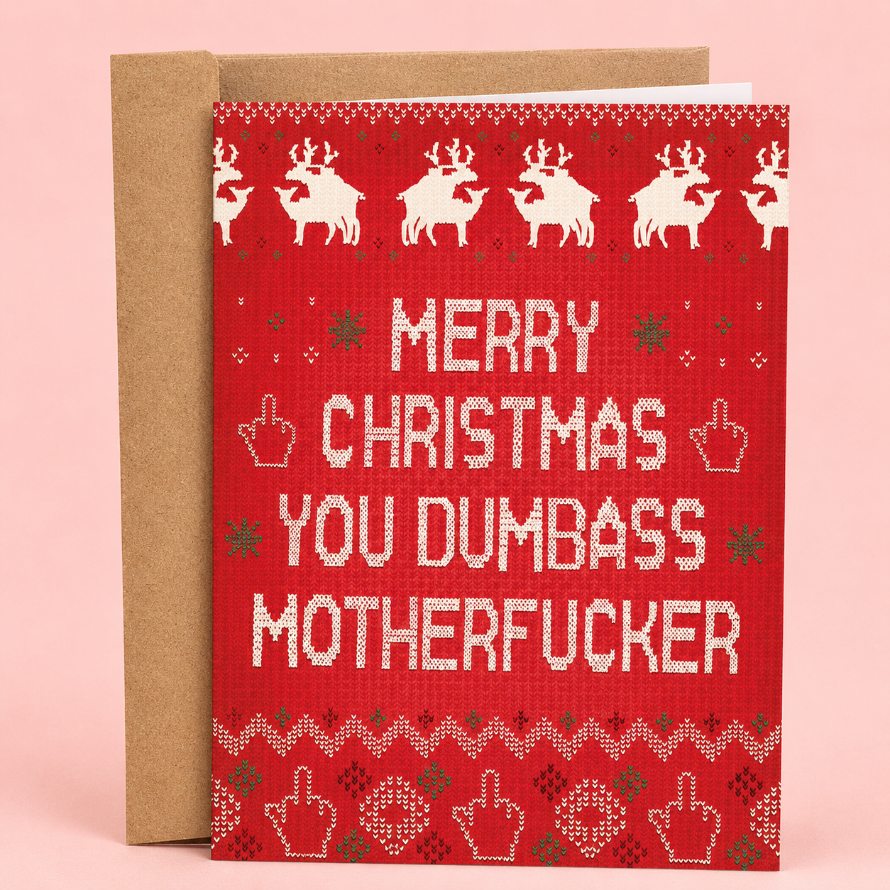 Sleazy Greetings funny Christmas card featuring an ugly sweater-inspired holiday pattern beside the phrase ‘Merry Christmas You Dumbass Motherfucker.’ Bold irreverent holiday greeting card with chaotic festive humor, retro knit sweater aesthetic, and aggressively cheerful Christmas vibes.