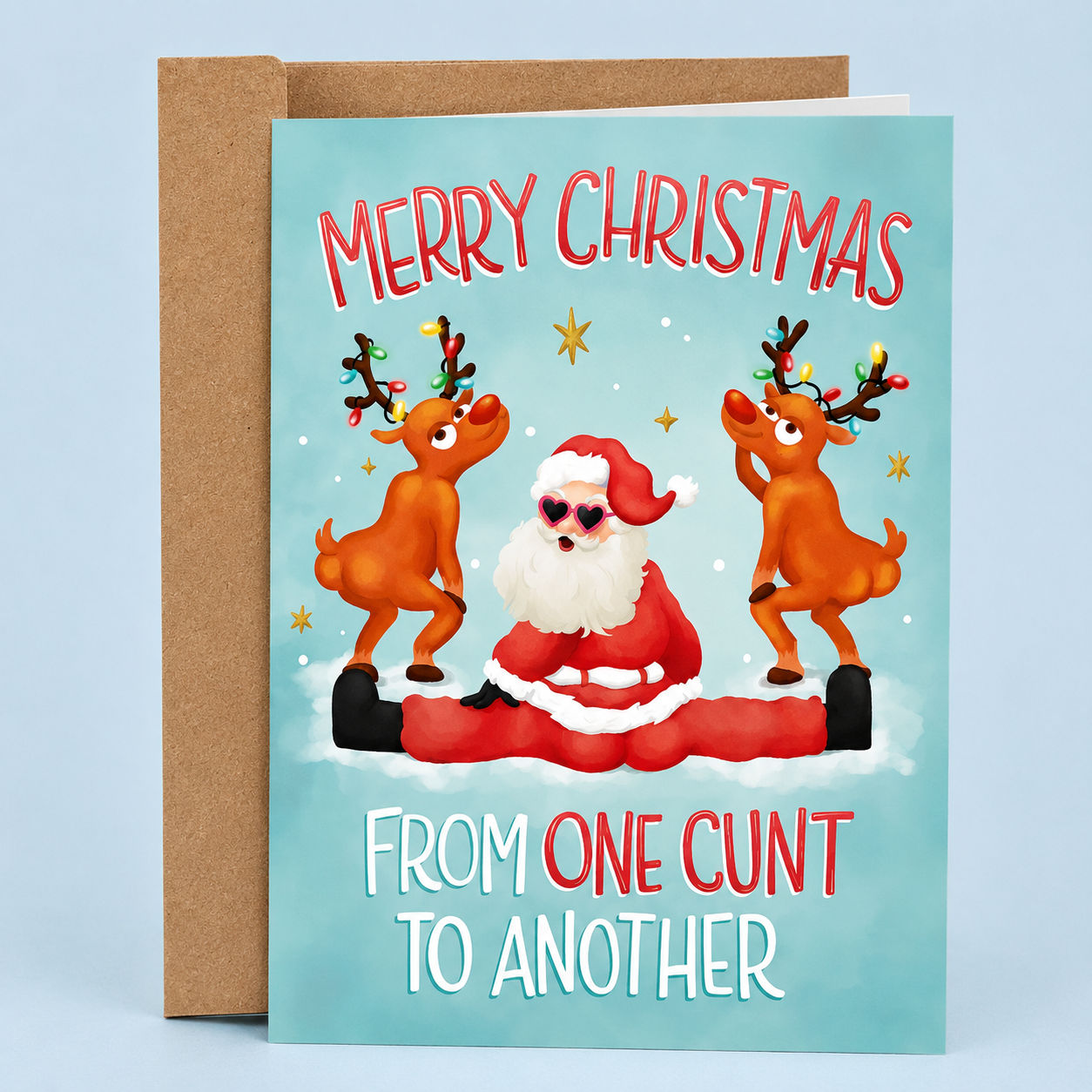 Funny inappropriate Christmas card featuring chaotic dancing Santa, festive reindeer, and the phrase “Merry Christmas From One Cunt To Another.” Offensive adult humor holiday card packed with sarcastic Christmas vibes, trashy festive energy, and unhinged gremlin humor printed on premium matte cardstock with a matching kraft envelope.