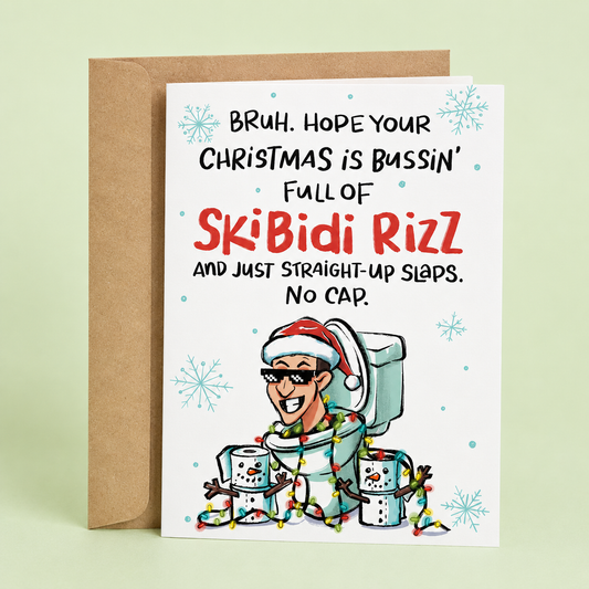 Sleazy Greetings funny Christmas card featuring the phrase ‘Hope Your Christmas Is Bussin’ Full Of Skibidi Rizz’ with a meme-inspired toilet character in a Santa hat surrounded by Christmas lights and toilet paper snowmen. Humorous Gen Z holiday card with kraft envelope included.