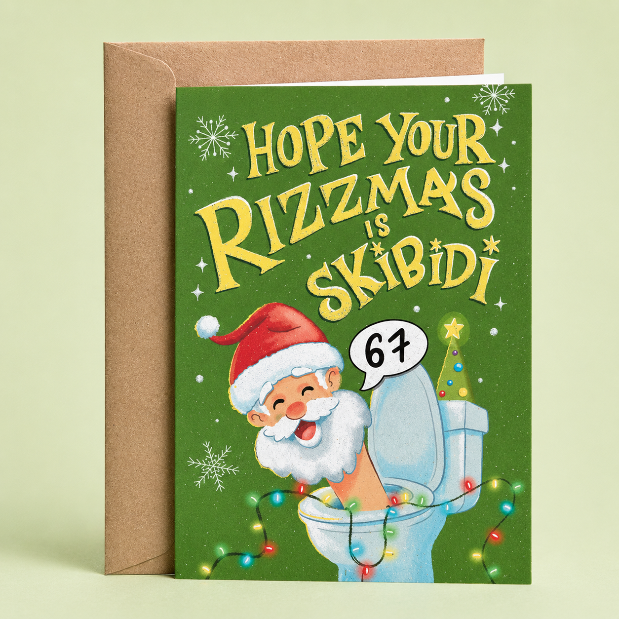 Sleazy Greetings funny Christmas card featuring the phrase ‘Hope Your Rizzmas Is Skibidi’ with a humorous Santa character popping out of a toilet surrounded by colorful Christmas lights and a speech bubble reading ‘67.’ Silly meme-inspired holiday greeting card with snowflake accents and a kraft envelope included.