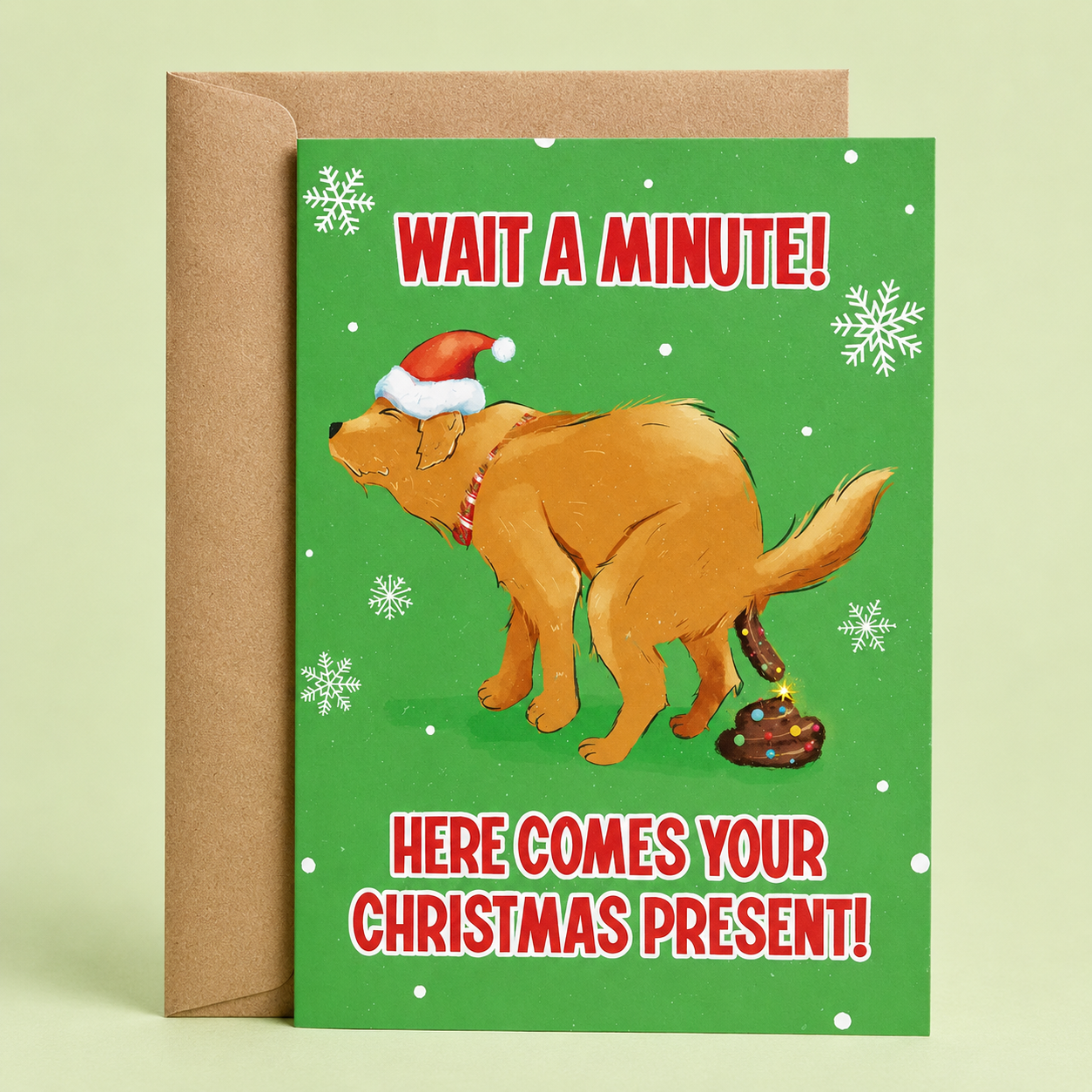 Sleazy Greetings funny Christmas card featuring the phrase ‘Wait A Minute! Here Comes Your Christmas Present!’ with a humorous dog illustration wearing a Santa hat while pooping a decorated holiday gift. Silly holiday greeting card with snowflake accents, bright green background, and a kraft envelope included.