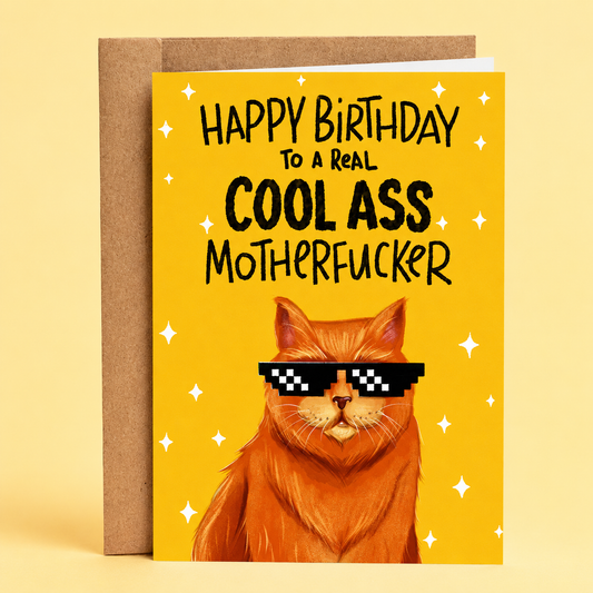 Sleazy Greetings funny birthday card featuring the phrase ‘Happy Birthday To A Real Cool Ass Motherfucker’ above an orange cat wearing pixelated sunglasses on a bright yellow background. Humorous adult birthday greeting card with sparkly accents and a kraft envelope included.