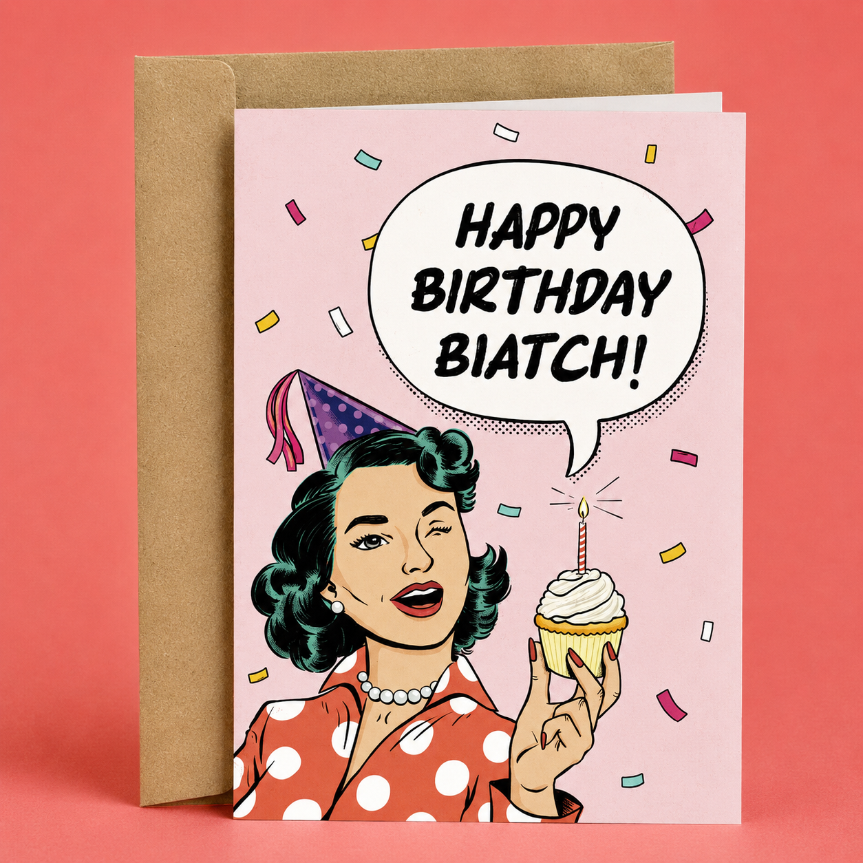 Sleazy Greetings funny birthday card featuring the phrase ‘Happy Birthday Biatch!’ in a comic-style speech bubble above a retro-inspired woman holding a cupcake with a lit candle. Humorous vintage-style birthday greeting card with confetti accents, pink background, and kraft envelope included.
