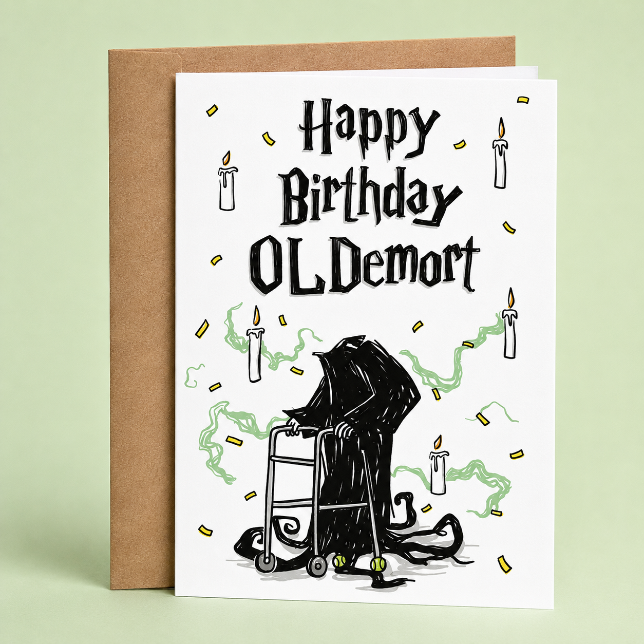 Sleazy Greetings funny birthday card featuring the phrase ‘Happy Birthday OLDemort’ in wizard-inspired typography above a humorous illustration of an elderly dark wizard figure using a walker. Parody-style birthday greeting card with candles, magical smoke accents, and a kraft envelope included.