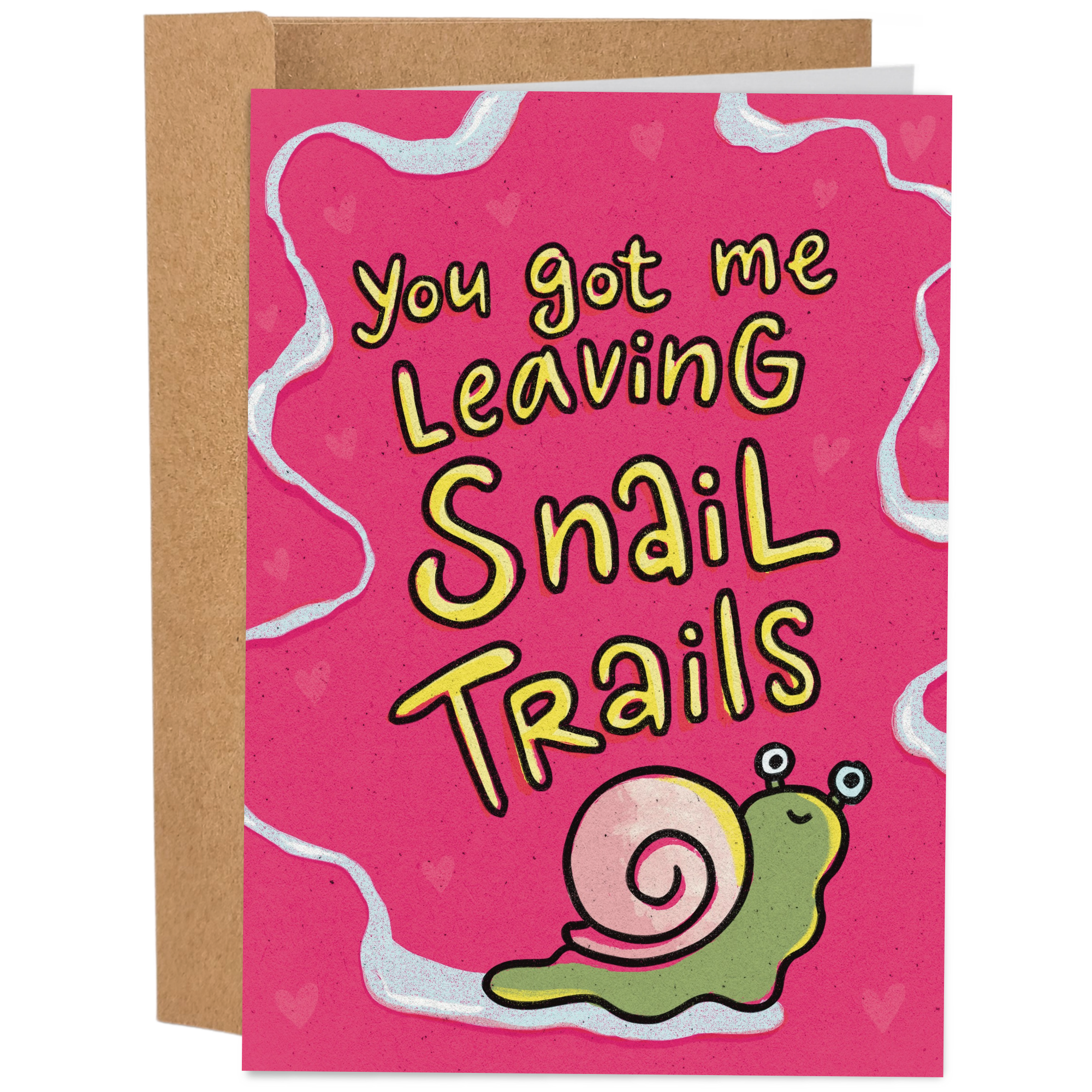 Sleazy Greetings funny love card interior featuring a cute green snail with a pink shell, pink hearts, and a light blue wavy border, with blank space for a handwritten message.