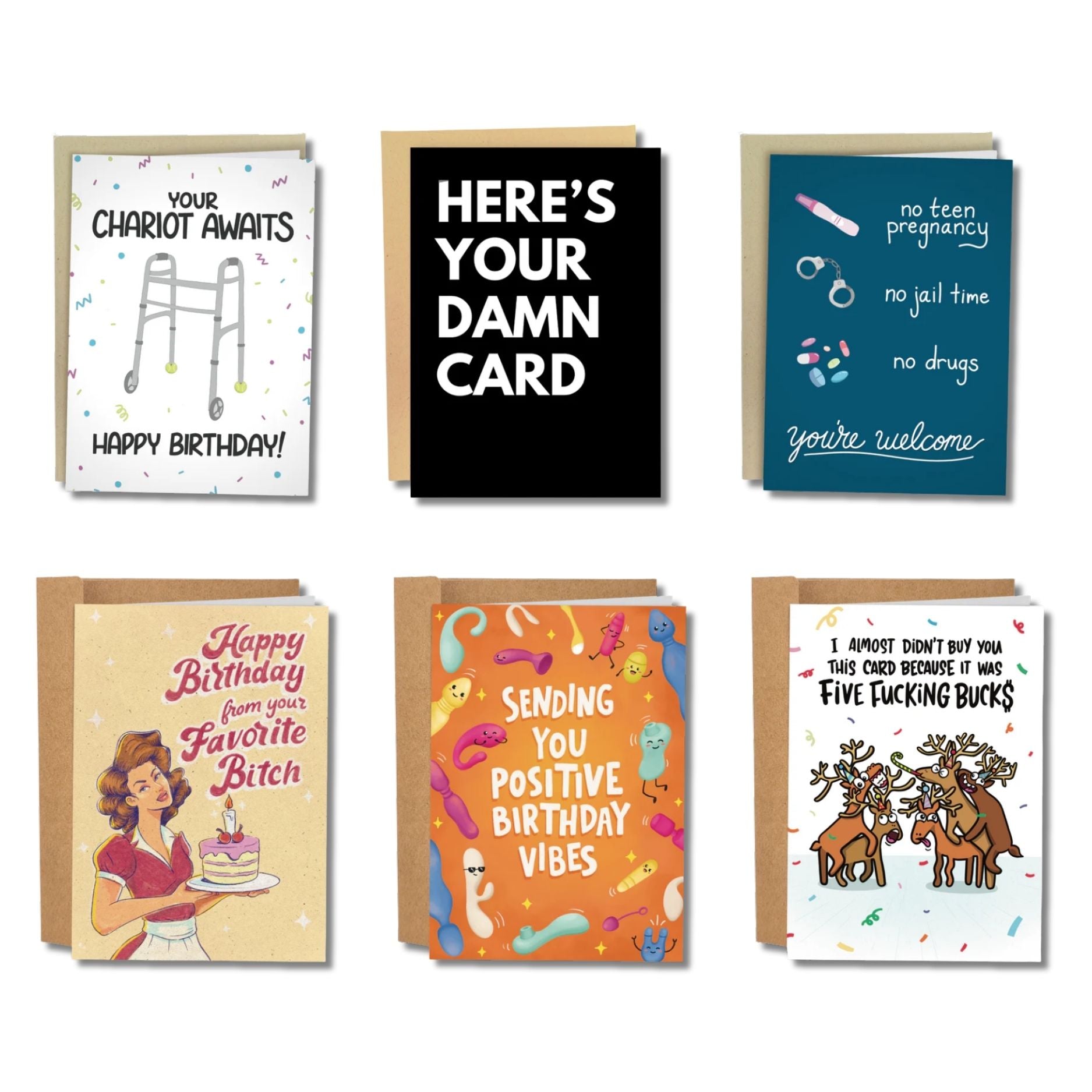 Collection of humorous and graphic greeting cards on a white background