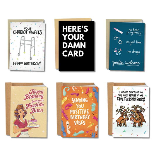 Collection of humorous and graphic greeting cards on a white background