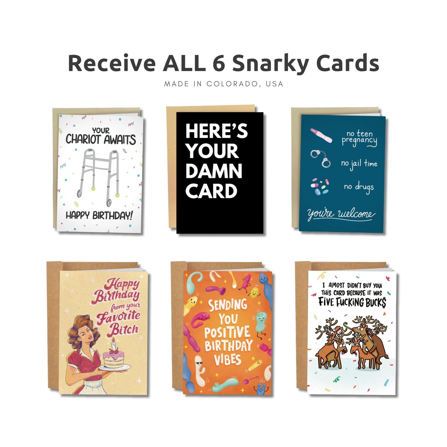 Collection of six snarky cards with various designs and text on a white background.