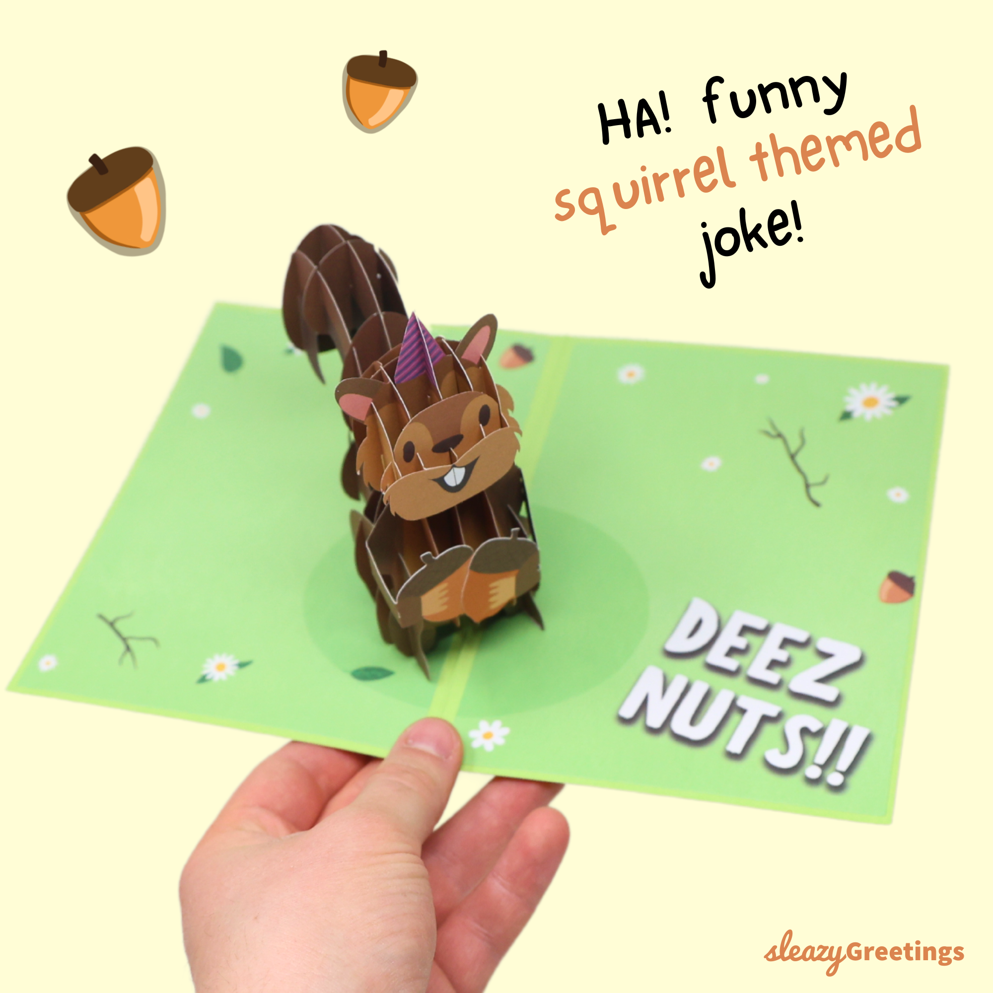 Sleazy Greetings Deez Nuts Squirrel Pop Up Birthday Card - Funny Birthday Card for Men Women - Squirrel 3D Greeting Cards 5x7 Inch