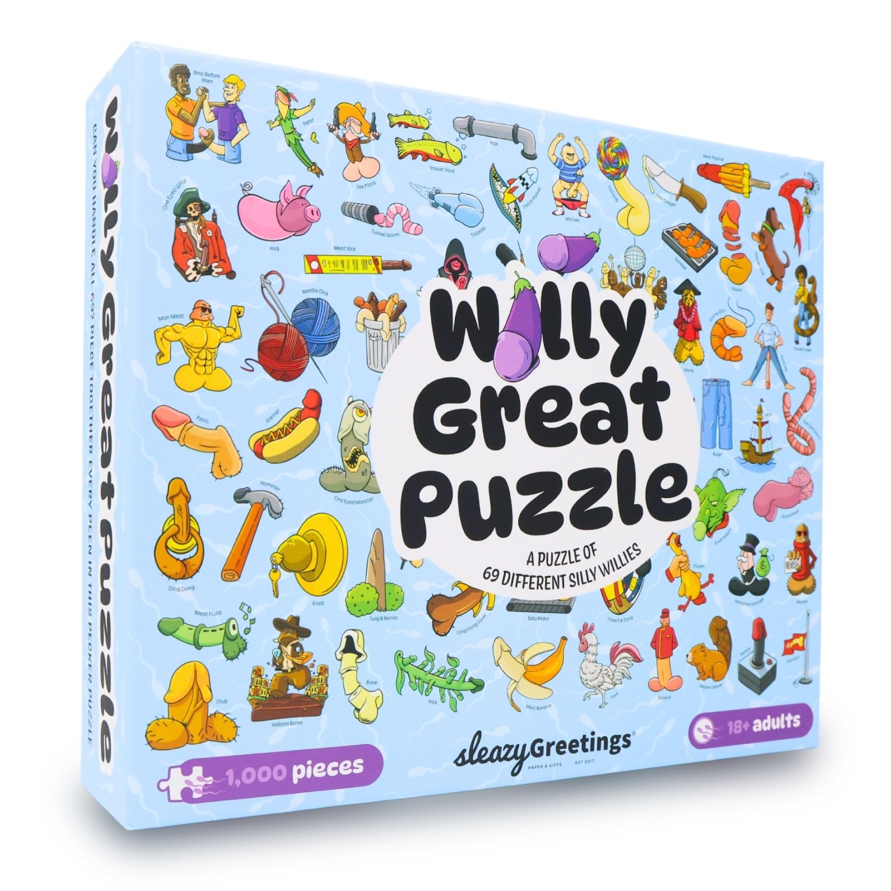 Willy Great Puzzle (a puzzle of 69 different silly willies) box with colorful willy illustrations on a white background