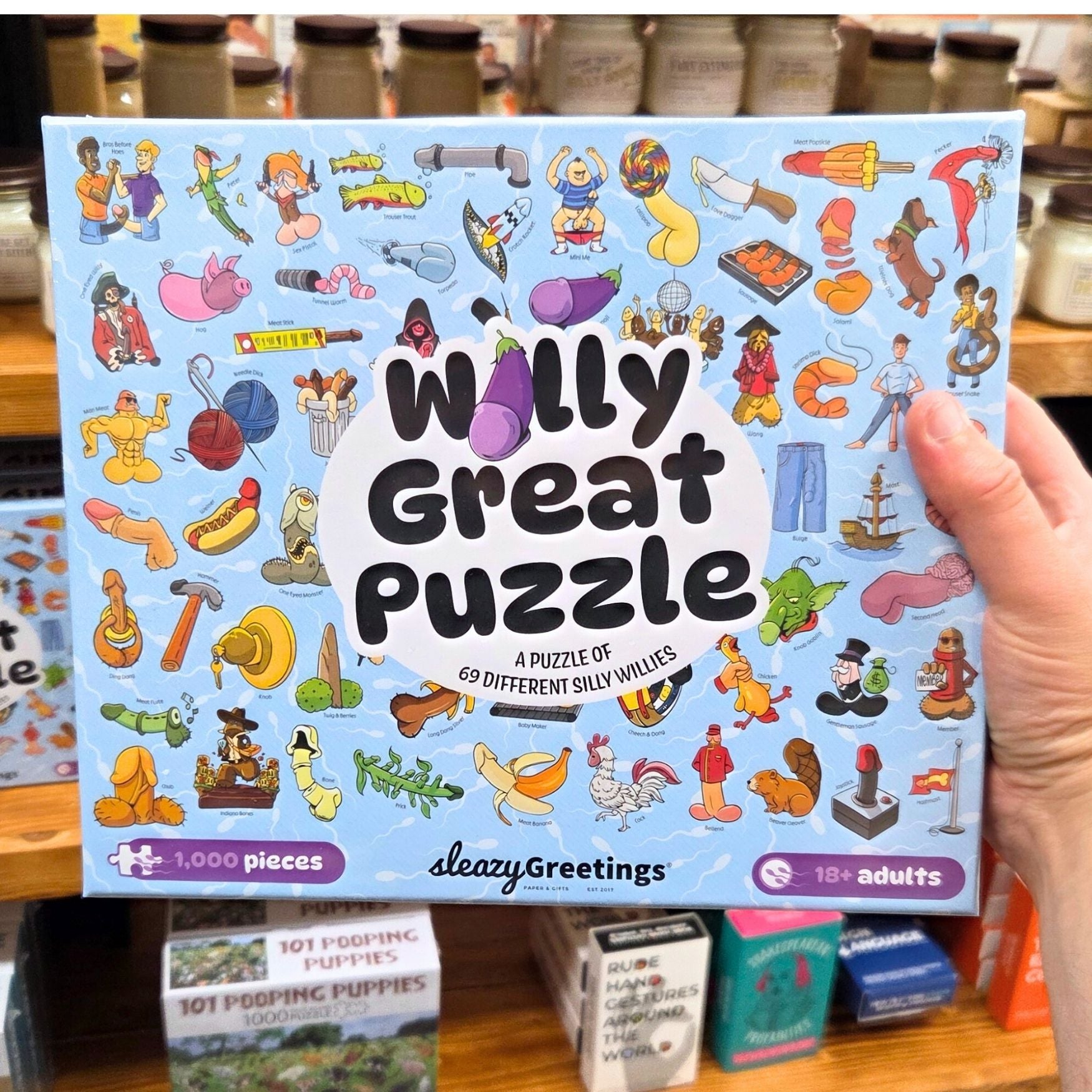 Willy Great Puzzle box with colorful illustrations on a store shelf