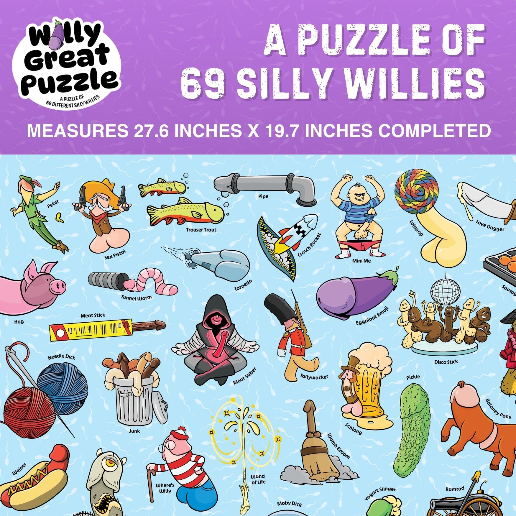 Illustrated puzzle with various characters and objects on a blue background, featuring the text 'Willy Great Puzzle' and product details.